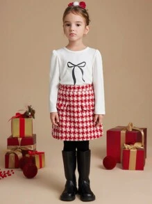 PrepCrw Young Girls Houndstooth Print Elastic Waist A-Line Skirt, Fall/Winter - Red - View 3