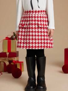 PrepCrw Young Girls Houndstooth Print Elastic Waist A-Line Skirt, Fall/Winter - Red - View 5