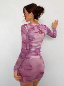 Aloruh Women's Autumn/Winter New Romantic Date Tie Dye Printed Sheer Mesh Tight Fit Long Sleeve Mini Bodycon Dress - Purple - View 2
