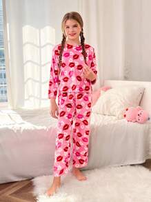 SHEIN Tween Girls 2pcs/Set Soft Cozy Double-Sided Flannel Cartoon Lip Print Long Sleeve Sweatshirt And Pants Pajama Set, Autumn/Winter - Pink - View 6