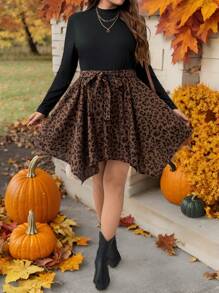 SHEIN LUNE Plus Size Women Casual Patchwork Leopard Print Asymmetrical Hem Dress, Autumn/Winter Thanksgiving Outfit Holiday Outfit