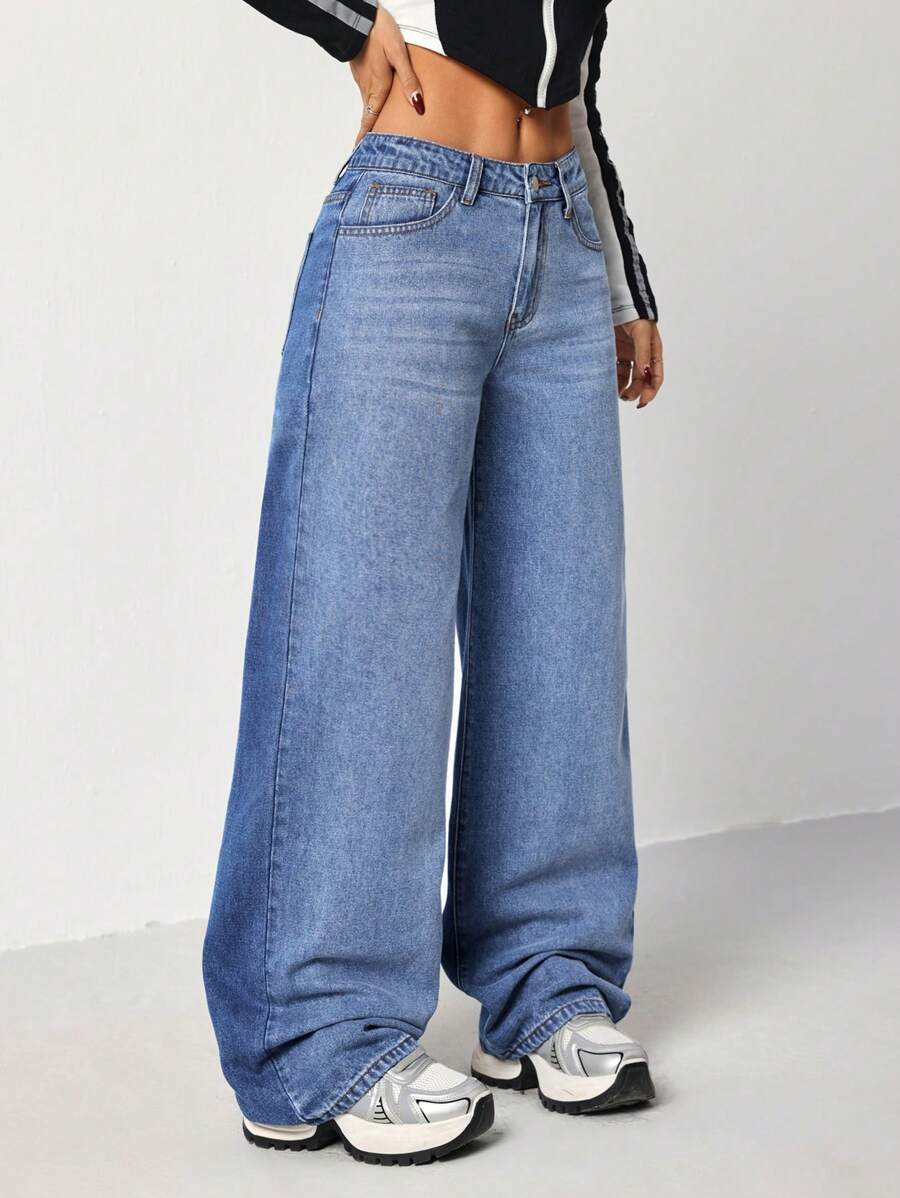 SHEIN EZwear Women's Low Waist Skinny Fit Straight Leg Blue Jeans