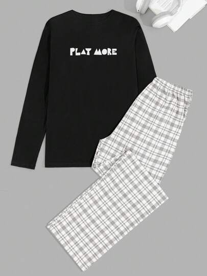 EURMUSE Cotton Men Letter And Plaid Printed Regular Longsleeve Homewear Set