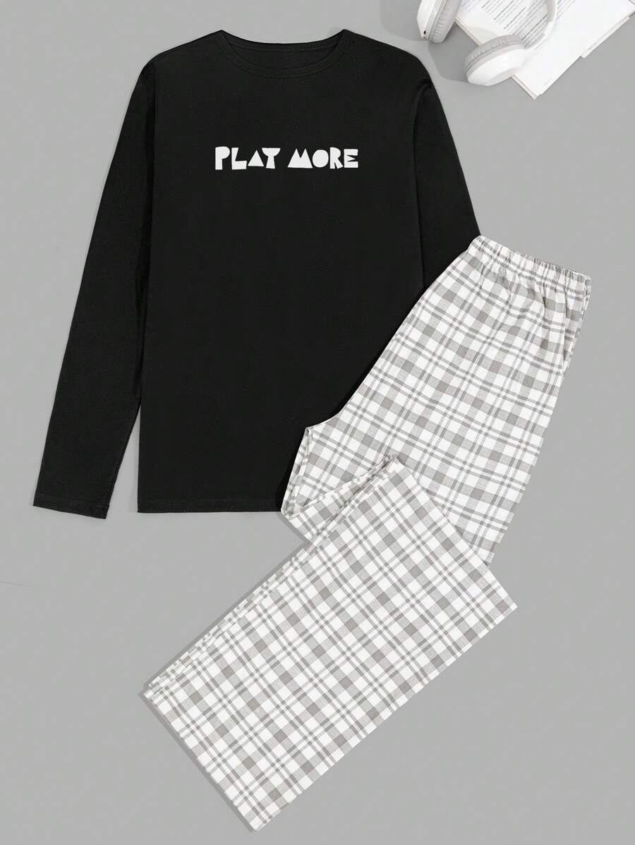 EURMUSE Cotton Men Letter And Plaid Printed Regular Longsleeve Homewear Set - Black - View 1