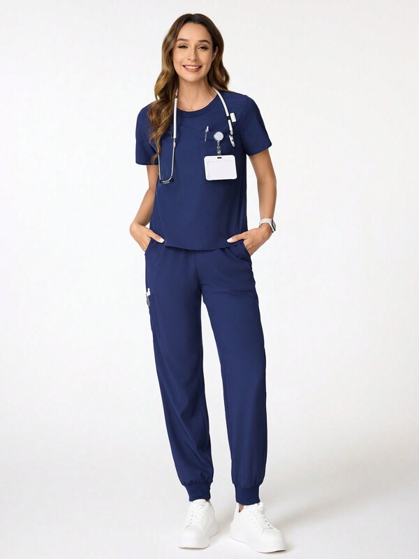 TaskEZ Solid Color Round Neck Short Sleeve & Pants /Nursing Uniform Set Set Scrub Set Nurse Dresses Scrub Tops Scrub Bottoms Lab Coats Scrub Outwear