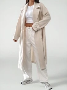 SHEIN PETITE 女士纯色前扣长袖口袋基本款夹克，休闲日常穿着 - 米色 - 查看 1