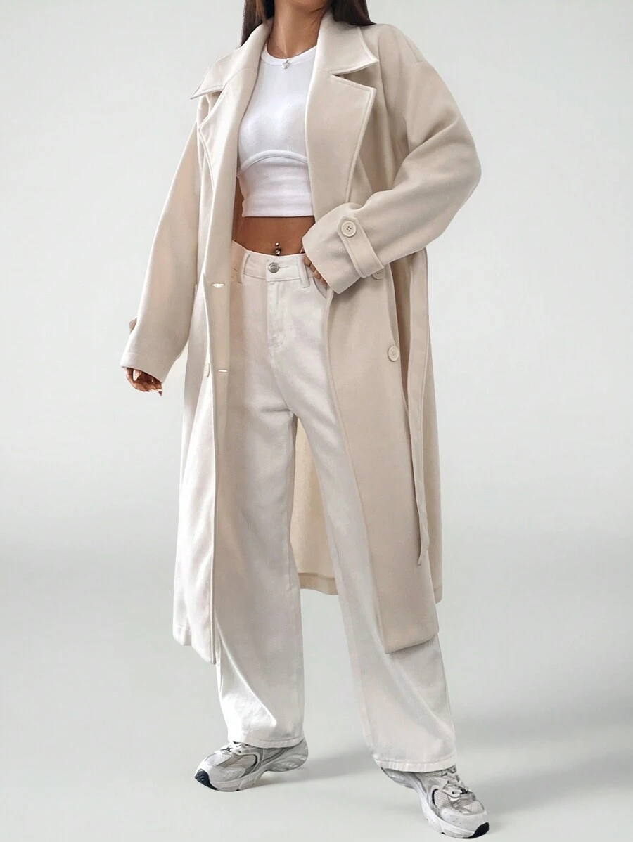 SHEIN PETITE 女士纯色前扣长袖口袋基本款夹克，休闲日常穿着 - 米色 - 查看 1