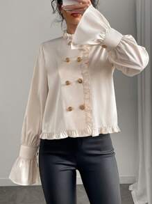 SHEIN Unity Solid Color Elegant Commuter Long Sleeve Shirt With Double-Breasted Frill Trim Fall Cloth For Women - Champagne - View 1