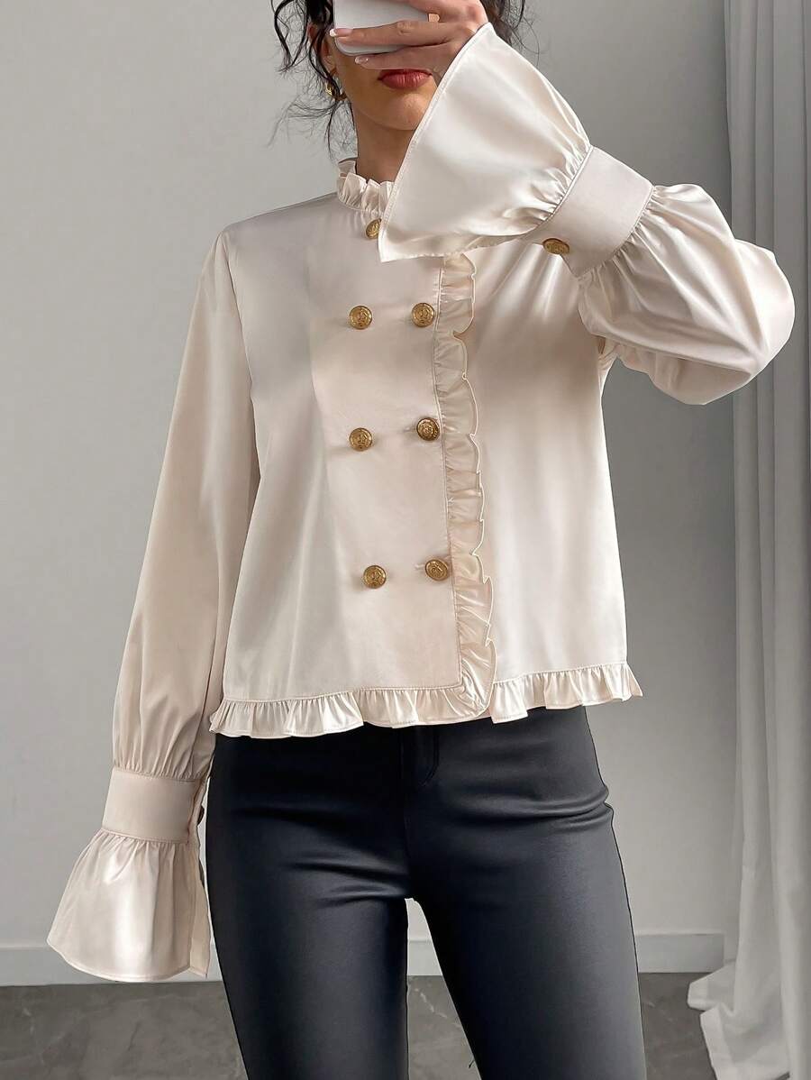 SHEIN Unity Solid Color Elegant Commuter Long Sleeve Shirt With Double-Breasted Frill Trim Fall Cloth For Women - Champagne - View 1