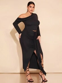 SHEIN BAE Conjunto de 2 piezas para mujer de talla grande con parte superior hombros descubiertos y falda con volante y abertura, adecuado para salir, citas, festivales, otoño e invierno, Navidad, Acción de Gracias, parte superior, conjunto de 2 piezas para mujer, curvas, ropa de otoño, conjuntos de co-ords para mujer, coords, conjuntos de 2 piezas, parte superior asimétrica hombros descubiertos, Bottom