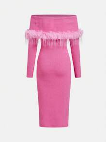 SHEIN Teen Girls Long Pink Off Shoulder Fuzzy Patchwork Sweater Dress For Teen Girls