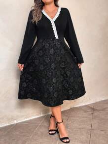 SHEIN LUNE 女士休闲优雅 V 领蕾丝边提花中长款冬季连衣裙长款女装