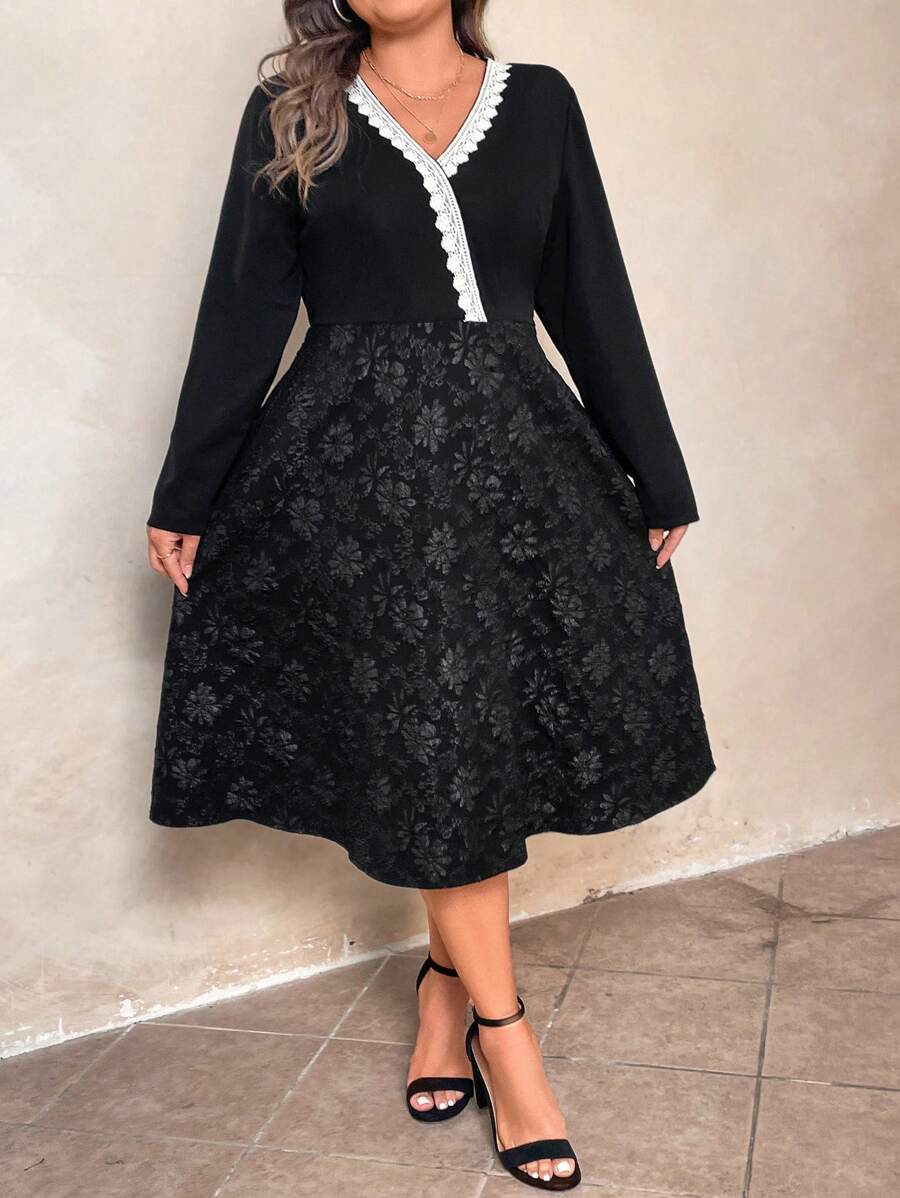 SHEIN LUNE 女士休闲优雅 V 领蕾丝边提花中长款冬季连衣裙长款女装