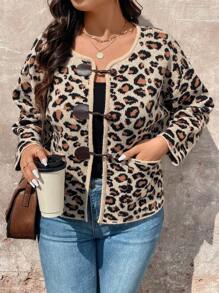 SHEIN LUNE Plus Size Leopard Print Pocket Front Button Long Sleeve Cardigan