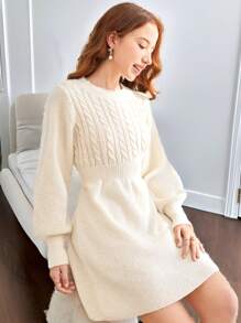 SHEIN 青少年女孩圆领针织纹理泡泡袖腰部褶皱 A 字休闲优雅连衣裙 - 杏色 - 查看 4