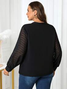 SHEIN Clasi Curvy Plus Size Women's Black Solid Color Notch Neck Textured Fabric Spliced ​​Long Sleeve Lantern Sleeve Elegant Blouse, Suitable For Spring, Autumn And Winter, Business Commuting Professional Shirt, Going Out, Christmas, New Years Women - Black - View 6