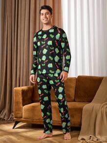 Full Print Crew Neck Long Sleeve Top And Long Pants Pajama Set - Olive Green - View 6