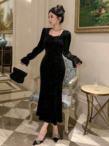 DAZY 亮片拼接长袖女式中长连衣裙，新年除夕舞会礼服，优雅，秋季服装奢华 - 黑色 - 查看 3