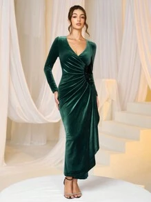 SHEIN Belle Đầm dạ hội trang trọng dài tay cổ chữ V xếp nếp chéo thanh lịch dành cho nữ, váy dạ hội, dành cho khách dự tiệc cưới, tốt nghiệp, tiệc tối, giáng sinh - Màu xanh lá cây đậm - Xem 8