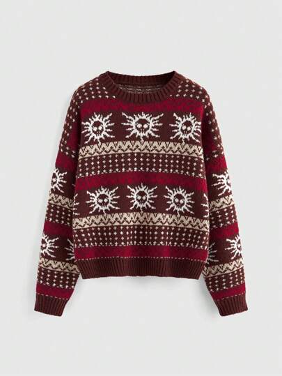 Fairycore Suéter de cuello redondo de manga larga con estampado de esqueleto jacquard vintage para mujer, otoño/invierno