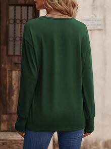 SHEIN LUNE Áo thun tay dài cổ chữ V, đơn giản & thời trang, mặc thường ngày - Màu xanh lá cây đậm - Xem 2