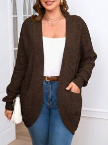 SHEIN Clasi 大码纯色长款开衫毛衣，简约风格，适合冬季休闲日常穿着 - 咖啡棕 - 查看 1