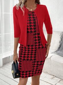 SHEIN Clasi 2pcs Women's Black Short Sleeve Jacket Paired With Houndstooth Knee-Length Bodycon Dress, Elegant Office/Casual Outfit For Autumn/Winter/Spring