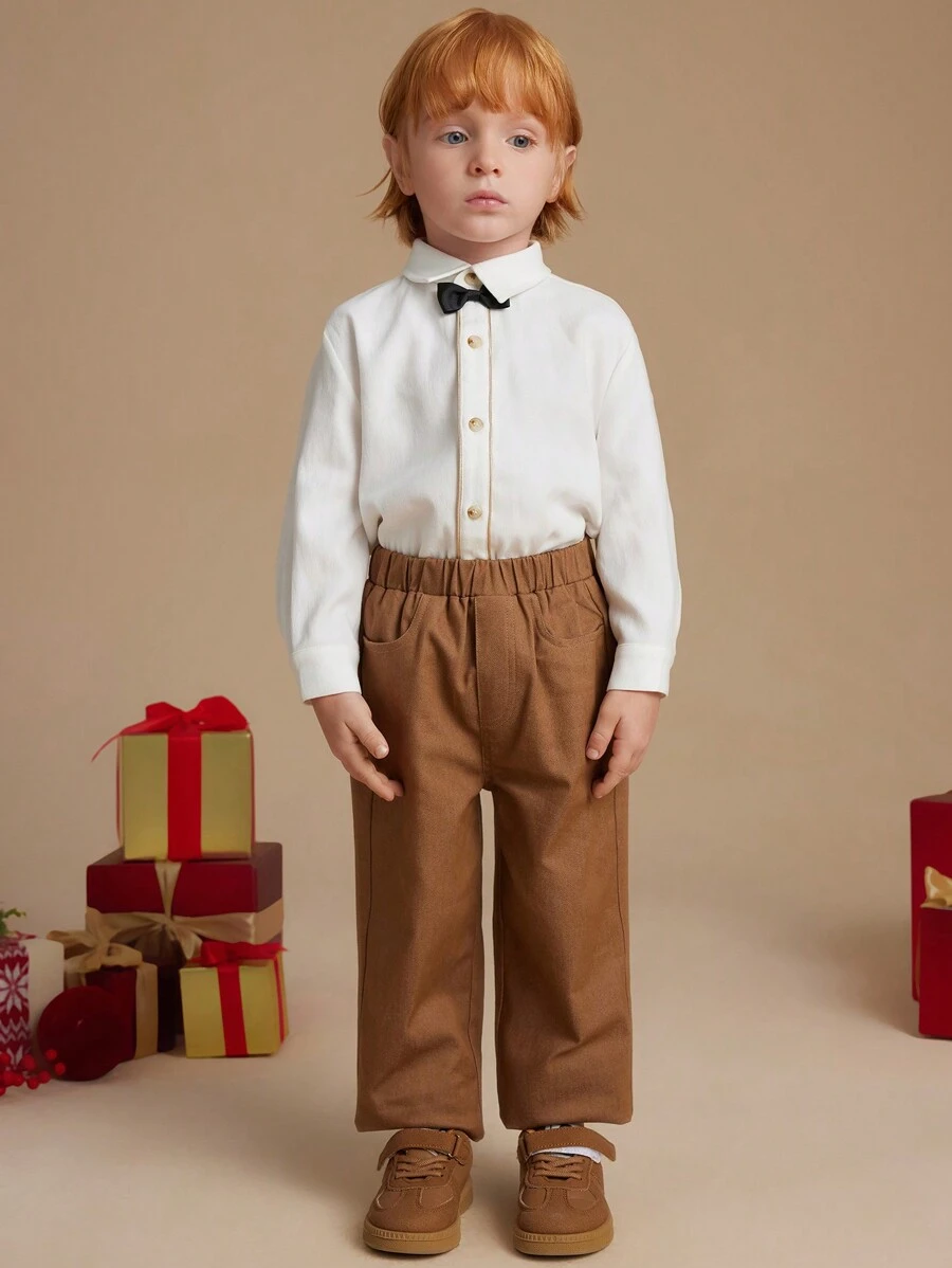 PrepCrw Young Boys' Fall/Winter Twill Elastic Waist Straight Leg Pants, Back To School Season - Brown - View 1