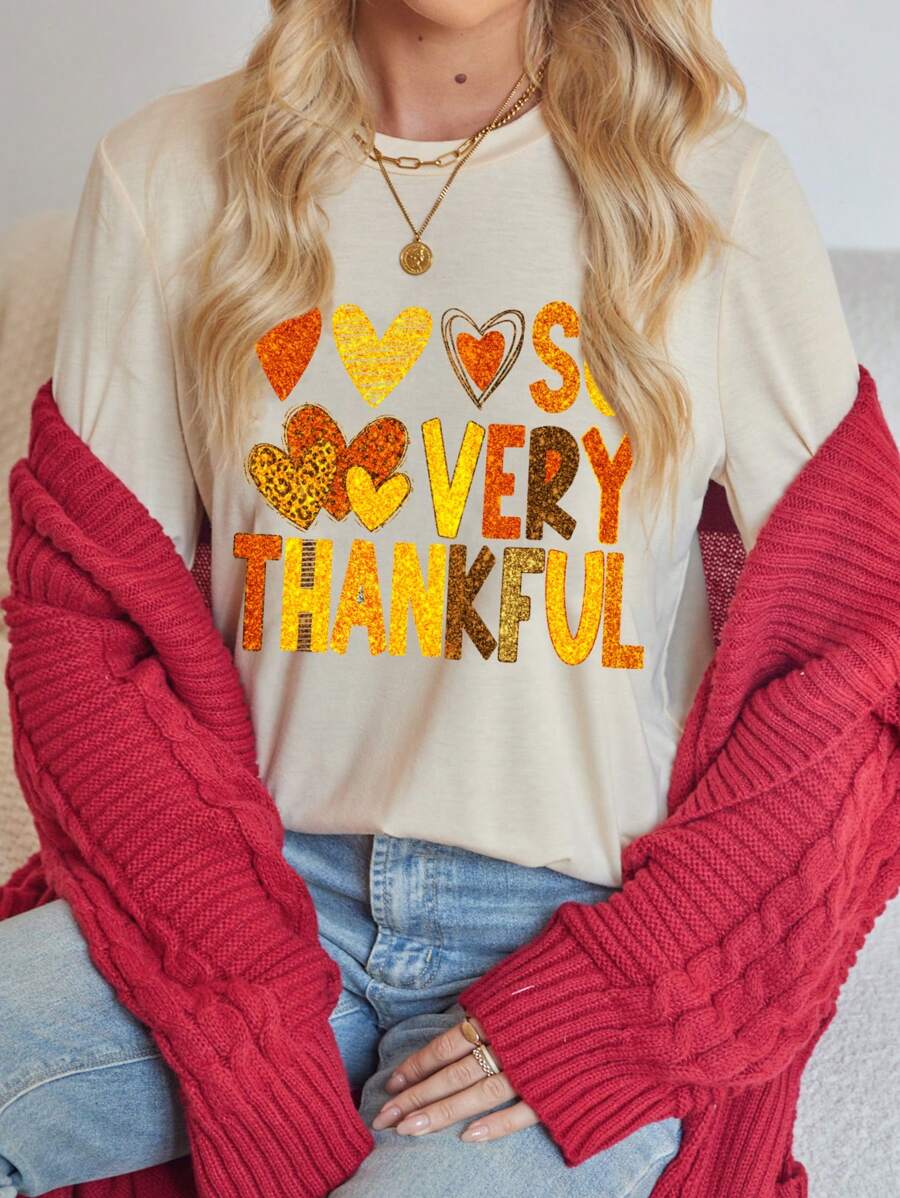 SHEIN LUNE Women's Rhinestone Embellished English Text Crew Neck Long Sleeve T-Shirt, Suitable For Thanksgiving