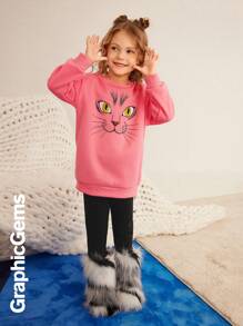 2pcs/Set Girl Cartoon Printed Long Sleeve Top And Solid Color Pants