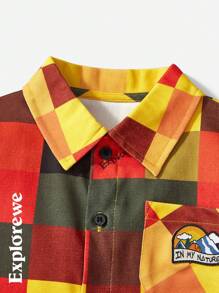 SHEIN Camisa de manga larga casual con estampado de cuadros y bloques de color para niños pequeños, otoño/invierno