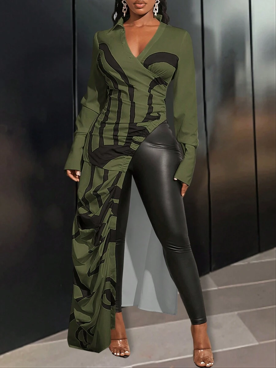 Slaydiva Women Allover Print Cross Wrap V-Neck Asymmetric Hem Long Sleeve Blouse - Army Green - View 1