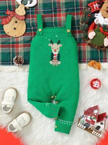 Ropa de Navidad linda para bebé niño: Peto con suéter, Peto con jacquard de reno adorable y elegante, Atuendo para uso diario y festivo - Verde - Ver 5