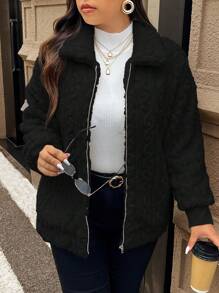 SHEIN Frenchy Plus Size Women's Casual Simple Fluffy Long Sleeve Jacket,Winter Clothes - Black - View 16
