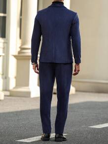 Manfinity Bizformal Bộ vest nam dài tay cài nút phía trước màu trơn và quần tây có túi - Màu xanh hải quân - Xem 2