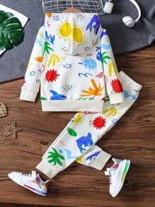 SHEIN 2 件套年轻女孩卡通创意图案柔软连帽拉链夹克 + 休闲裤套装，适合儿童春秋季户外运动和玩耍 - 杏色 - 查看 2