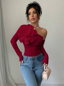 Rafferiza 女式 3D 花卉装饰不对称领口长袖修身 T 恤，适合春秋季女式服装 - 酒紅色 - 查看 1