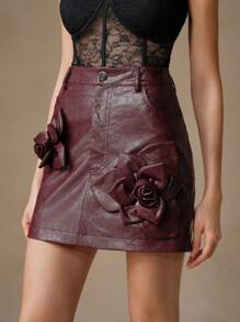 Anewsta Women's Modern Elegant Handmade 3D Flower Decor PU Leather Mini Skirt, New Year Party , Christmas - Burgundy - View 3