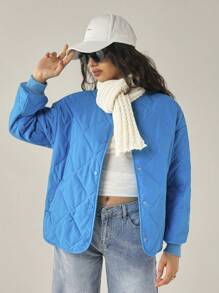 Forever 21 New Winter Peacock Blue Quilted Casual Warm Padded Long Sleeve Jacket - Teal Blue - View 3