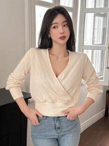 DAZY Women's Elegant V-Neck Cross-Wrapped Long Sleeve T-Shirt, Solid Color Design, New For Autumn,Fall Women Clothes - White - View 2