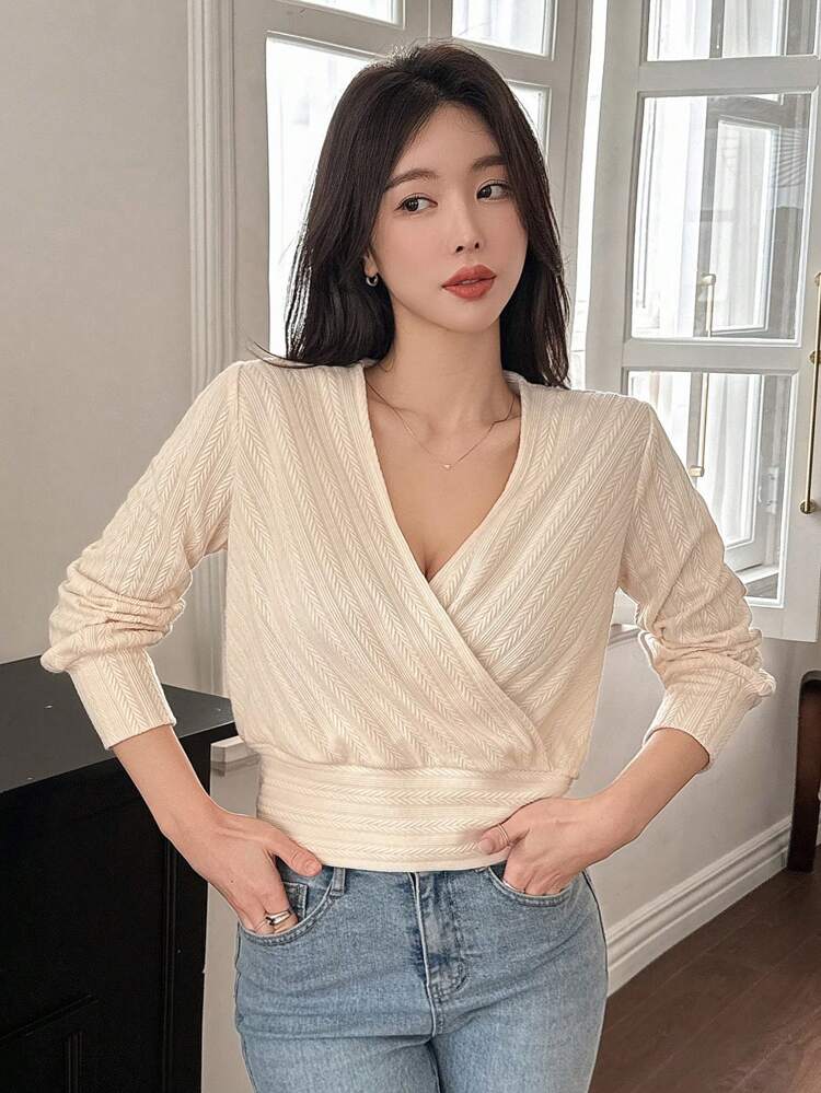Women's Elegant V-Neck Cross-Wrapped Long Sleeve T-Shirt, Solid Color Design, New For Autumn,Fall Women Clothes