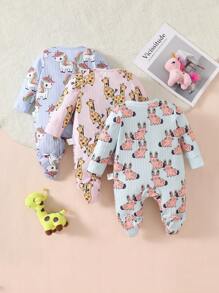 3pcs/Set Newborn Baby Casual Cartoon Animal Pattern Rib Long Sleeve Romper Jumpsuit Home Set