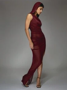 MISSGUIDED Asymmetric Mesh Off Shoulder Hooded Ruched Extreme Side Slit Bodycon Maxi Dress