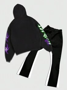 ROMWE MEN Street Life 男士秋季口号和图案印花连帽运动衫和运动裤休闲运动服套装 - 黑與白 - 查看 2