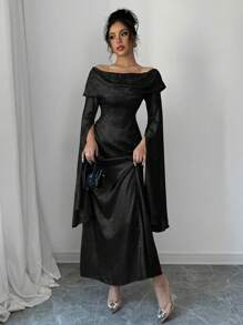 Rafferiza Vestido de manga larga con abertura, hombros descubiertos, cintura plisada, vestido de gala elegante de longitud máxima para mujeres