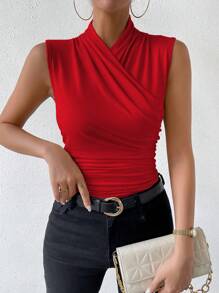 Zielony Áo hai dây ôm sát cổ chữ V nhún bèo màu trơn dành cho nữ mặc năm mới - Đỏ - Xem 3