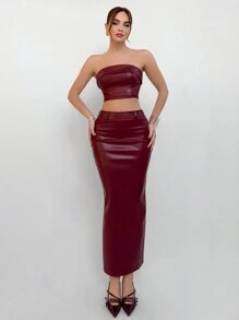 Aloruh 女士圣诞套装两件套 - 优雅性感纯酒红色 PU 皮革抹胸和铅笔裙套装，适合上班、生日、新年 - 酒紅色 - 查看 3