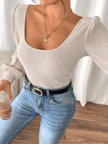 SHEIN Frenchy Dames effen kleur vierkante hals lantaarn mouw geribbeld casual veelzijdig T-shirt, herfst