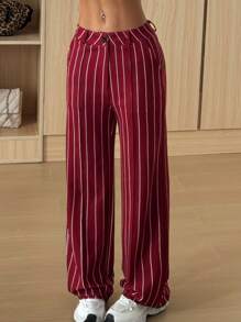 SHEIN EZwear Women Casual Striped Slant Pocket Business Pants, Spring & Autumn - Burgundy - View 5