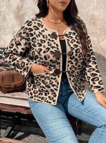SHEIN LUNE Plus Size Leopard Print Pocket Front Button Long Sleeve Cardigan